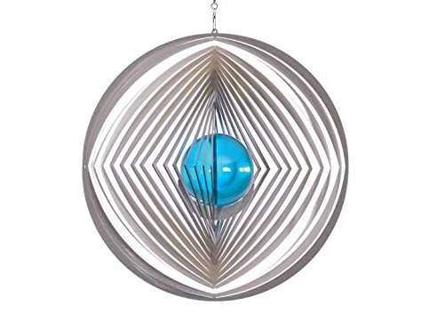 Illumino Edelstahl-Windspiel Kreis-Raute-Kreis mit kobaltblauer 50mm Glaskugel
