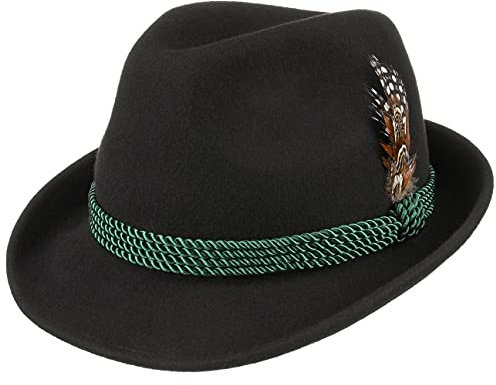 Lipodo Trachtenhut Jagdhut 100% Wollfilz Oktoberfesthut mit Kordel Almhut mit Feder Tirolerhut Damen Herren Sommer Winter schwarz 55 cm