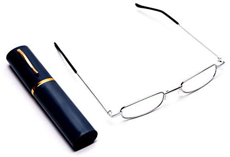 MT74 Pen Holder Grey or Silver Frame Compact Reading Glasses with Case with 12 Lens Strength Variations Up to +3.75 (Silver Frame with Black Case, 1.00)