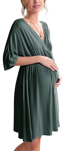 Ekouaer 3 in 1 Labor/Delivery/Hospital Gown Maternity Dress Nursing Nightgown Sleepwear for Breastfeeding, Dark Green, Medium