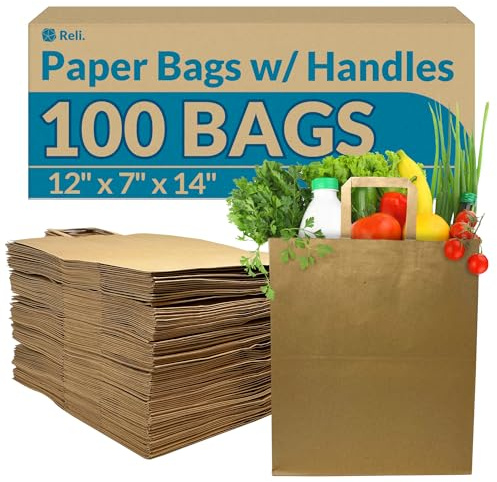 Reli. Paper Grocery Bags w/Handles (100 Pcs, Bulk)(12x7x14) Large Paper Grocery Bags with Handles - Heavy Duty 57 Lbs Basis - Shopping, Takeout/To Go, Retail (Brown/Kraft)