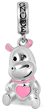GNOCE Süßes Nilpferd Charms Anhänger aus 925 Sterling Silber Tiere mit Rosa Herz Charms für Alle europäischen Armbänder Halsketten Geschenk für Frauen Mädchen