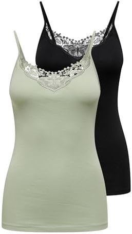 ONLY ONLKIRA Life Lace Singlet 2PACK Noos Top, Desert Sage/Pack:Desert Sage/Black, XS (Lot de 2) Femme