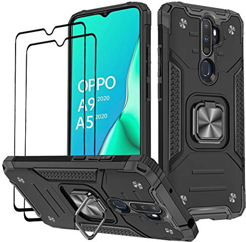 KANSI Coque Compatible pour Oppo A9 2020 / A5 2020, Verre Trempé [2 Pièces] Housse TPU Silicone Rotation 360° Aimant Anneau Support Double Défense Protection Etui pour Oppo A9 2020/A5 2020 - Noir