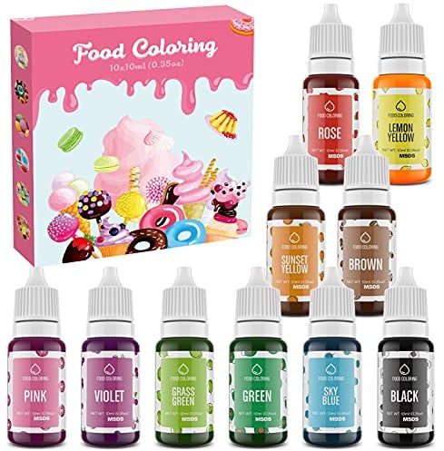 Coloranti Alimentari 10x10ml Liquido Vibranti per Cuocere, Decorare, Glassare, Torta, Fondente per Dessert di San Valentino e Pasqua, Arancione,Giallo,Rosa,Rosso,Viola