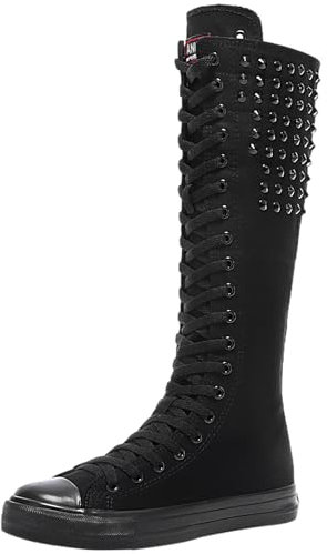 Jamron Mädchen Damen Modisch Knie Hoch Schnüren Segeltuch Stiefel Rein Schwarz Leinenschuhe Reißverschluss Tanzschuhe Nieten SN816 EU38.5