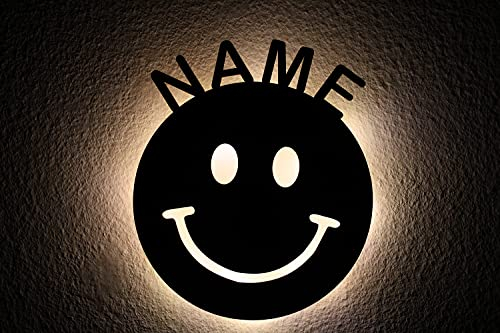 Smiley Schlummerlicht mit Name Led personalisiert Nachtlicht aus MDF Holz Lasergravur Geschenk - Wand Lampe Nachtlicht für Freund Kind Familie Bruder Schwester Jungs