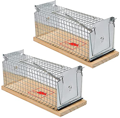 2 Pack Small Humane Mouse Trap Cage Mouse Catcher Live Rodent Mice Trap Metal Wooden Mousetrap for Indoor Outdoor That Work(15.3 x 6 x 7.2 cm)
