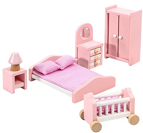 SOKA hölzerne rosa Schlafzimmerspielset Pretend Play Puppenhaus Möbel Set Realistische Miniatur-Display Modell Figuren Bett Kleiderschrank Schminktisch Krippe für Kinder Mädchen ab 3 Jahren