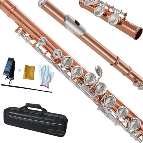KAYATA C-Flöte, geschlossenes Loch, 16 Tasten, für Schüler, Anfänger und Fortgeschrittene, mit Reinigungsset, Tragetasche, Gurt, Sondenstange, Handschuhe (versilberte Tasten, roségoldener Körper)