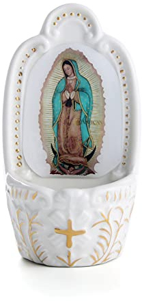 KOMI Fuente de agua bendita católica de porcelana con diseño de Nuestra Señora de Guadalupe, fuente de agua bendita para la entrada del hogar, iglesia, decoración para colgar en la pared, regalo para