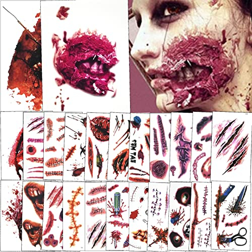 Halloween Tattoo, Huarsion 24 Blätter Halloween Schminke Zombie Narben Tattoo Wunden Kunstblut Horror Gruselig Tattoo Aufkleber Temporäre Tattoos Halloween Kostüm Makeup Requisiten