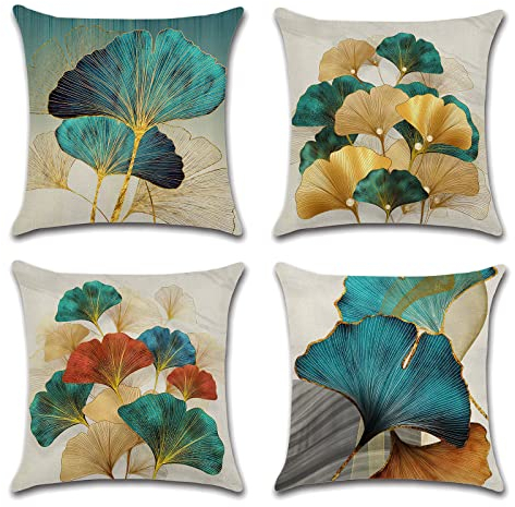OCEUMACO Leinen Kissenbezug 40x40 Natur Ginkgo Kissenhülle 4er Set Quadratisch Sofakissen Dekokissen Bezug für Couch Muster Kissen Kissenbezüge Outdoor Deko Couchkissen Zierkissen - Türkis Gold