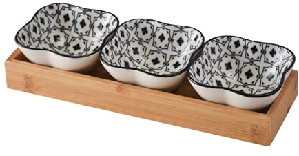 Keramik Servierschalen Set 3er Dip Schälchen mit Bambus Servierplatte, Ideal für Tapas, Antipasti, Sushi,Raclette oder Fondue (GB6002)