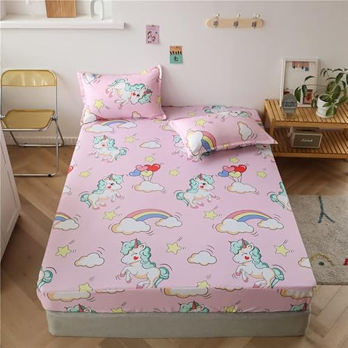 Hiseng Jersey Spannbettlaken, Weiches Microfaser Spannbetttuch Leintuch bis 30cm Matratzenhöhe, Elastisches Matratzenschoner für Boxspringbett & Wasserbett (90x200x30cm,Einhorn)