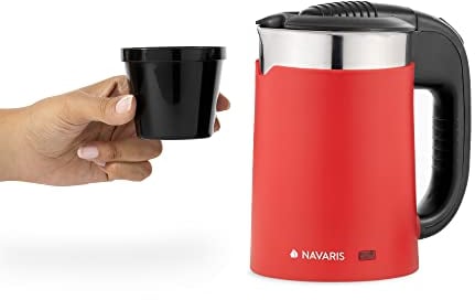 Navaris Compact Electric Travel Jug - 0.5L Dual Wall Kettle with Boil Dry Protection - Small 1100W Red Holiday Kettle for 2 Cups