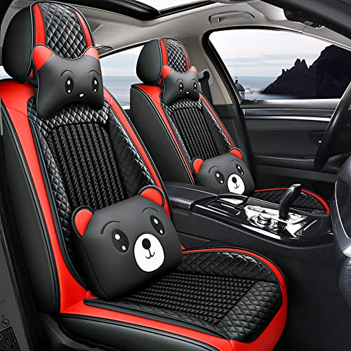 Tuqiang Autositzbezüge Für Seat Ibiza Cartoon 5-Sitze Komfortabler Leder-Stoff Sitzauflage Allwetter-Autokissen Full Set,Schwarz-rot