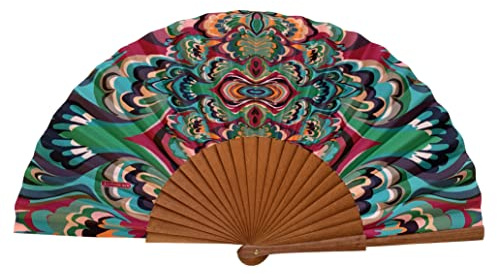 Spanischer Handfächer Arabesco – Holz und Baumwolle – 23 cm – Etui und Hülle aus Jute – Modeaccessoire – Handgefertigt in Spanien – Events und Geschenke – Geometries Collection – Tusitala Barcelona
