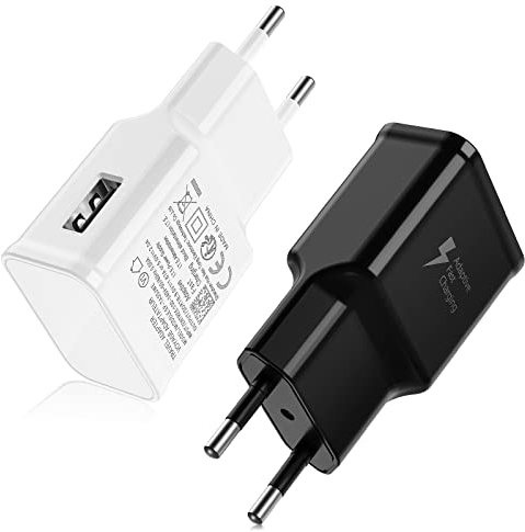 15W Fast Charger Kit(2 Ladegerät USB), 15W USB Stecker Handy Ladegerät Adapter Steckdose, Schnellladegerät Handy Adapter Kompatibel für Samsung Galaxy A20/A80/S22/S21/S20/S10/S9/S8(Schwarz+Weiß)