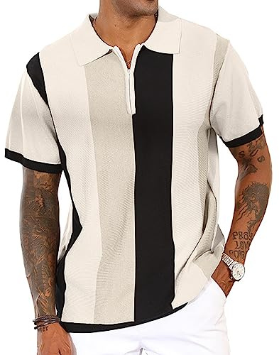 Men's Fashion Polo Shirts Vintage Striped Knitting Shirts Casual Slim Fit Golf Shirts White