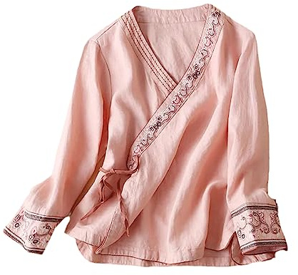 Chinesischer Ethnischer Stil Vintage Lose Baumwolle Und Leinen Frauen Schräg Bestickt Top Hanfu Antiker Tee ZenKleidung Rosa XL