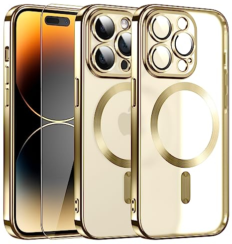 DOSNTO Magnetic for iPhone 14 Pro Case with MagSafe [ Integrated Camera Protecion] Translucent Matte Soft Slim Cover, 10FT Military Grade Drop Tested [Anti-Scratch] Wireless Charging, Gold