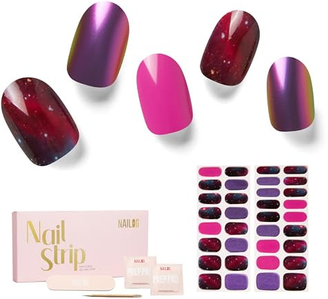 NAILOG Semi Cured Gel Nail Strips, 34 pcs Salon-Quality Gel Nail Stickers, Long Lasting Nail Wraps for Women with Soft Gel Finish, Lost in Galaxy