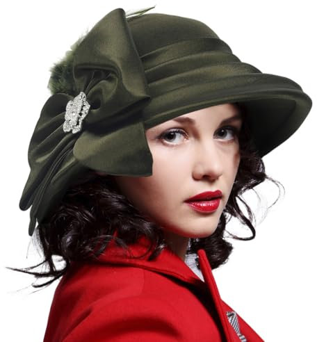 Ruphedy Damenhut aus Wollfilz, breite Krempe, Derby, Kirchenkleid, Hut für Herbst und Winter 1920er Jahre, Z015-grün, Medium