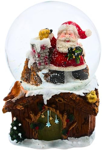 Dekohelden24 Schneekugel mit Spielwerk, Weihnachtsmann auf Schornstein, dekorierter Sockel, mit Drehteller, Melodie: We Wish You a Merry Christmas, Maße: H/Ø ca. 14,5 x 10 cm