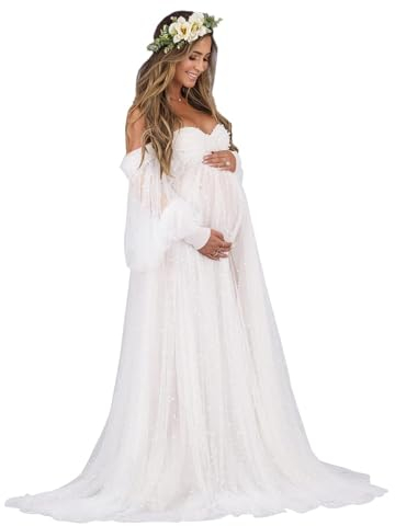 Beyonddress Perline Abiti Premaman Servizio fotografico Tulle Manica Lunga Abiti in Gravidanza Festivo Matrimonio Elegante Abiti Da Sera Premaman, bianco, S-M