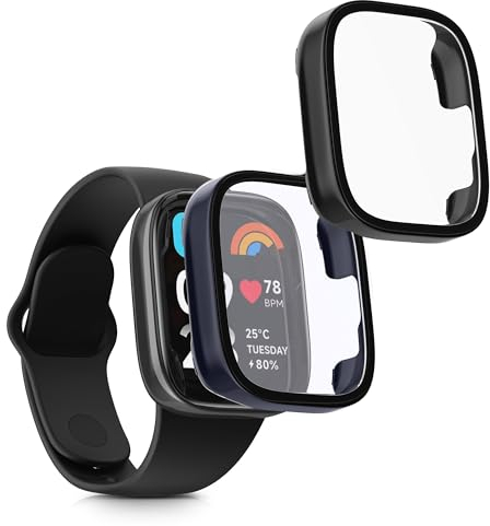 kwmobile Carcasa Compatible con Xiaomi Redmi Watch 3 Active/Redmi Watch 3 Lite Funda - 2X Protector Pantalla Completo de Cristal Templado - Ultrafino y antigolpes - Negro/Azul Oscuro