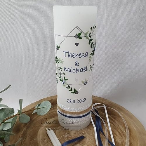 Hochzeitskerze Rustik weiß mit oder ohne Teelichteinsatz - Geometric Wedding - Silber-Blau metallic