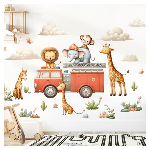 Little Deco Wandtattoo Feuerwehrauto Kinderzimmer Wandsticker Feuerwehr Tiere Wandaufkleber für Babyzimmer Safari Jungenzimmer Dschungel Wanddeko DL5052-05
