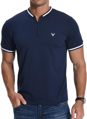 MLANM Men's T-Shirt Summer Zip Henley Short Sleeve Shirt Front Deer Head Embroidery Casual Cotton Men's Tops Navy