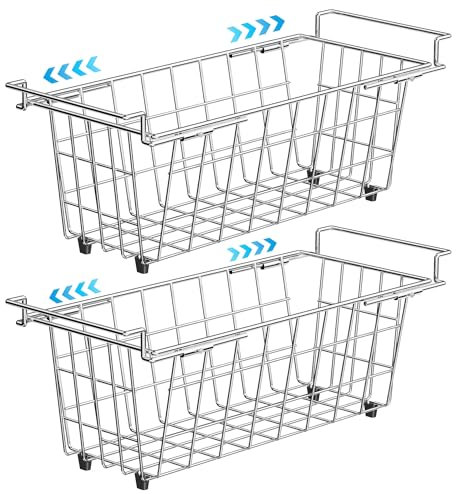 iPEGTOP Expandable Chest Freezer Organizer Bins - 2 Pack Stainless Steel Wire Pantry Bin Baskets Organizer for Deep Upright Freezer Sort Frozen Food Kitchen Organization with Handles