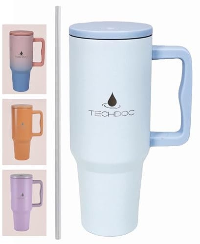 TechDoc 40 oz Insulated Tumbler with Handle & Sip Straw | Stainless Steel Water Bottle | Vacuum Travel Mug | Iced Coffee Cup | Hot & Cold Drinks | Gift for Him & Her | Baby Blue | 1180ml