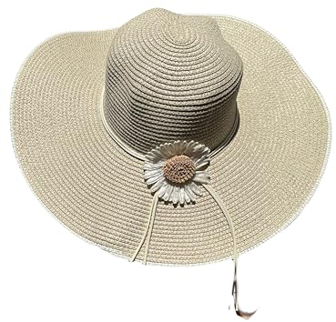 Sombrero Blanco Mujer De Paja Protección Solar Panama Pamela Playa Verano Esparto Gorra para Sol Visera Enrollable Lazo con Flor