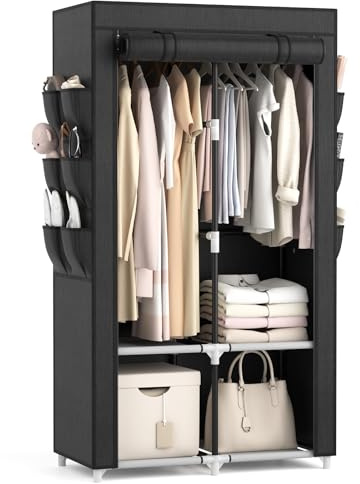 VTRIN Portable Closet Wardrobe Closet for Hanging Clothes with 4 Storage Shelves, 2 Hanging Rods and 6 Pockets, Stable and Easy Assembly Clothes Rack with Cover Free Standing Closet for Bedroom, Black