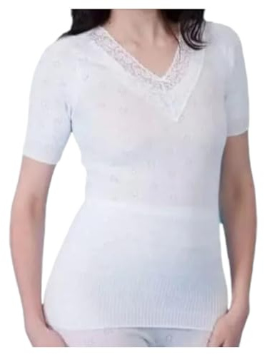 NMB Fashion Women's Snowdrop Thermal Short Sleeve V-Neck Vest Tops - Ladies Thermal V-Neck Spencer (Medium, White)