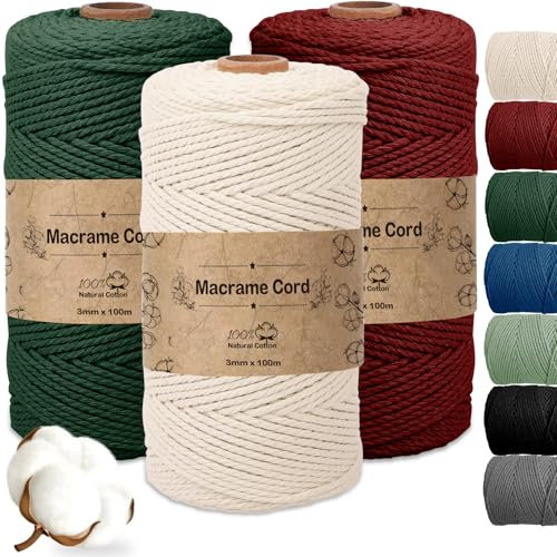Vautvis 3 Hilo Macrame 3mm, 100m Cuerda Macrame, Hilo De Algodón para Macramé, Cuerda Manualidades para Manualidades, Macrame Pared, Cortinas (A)