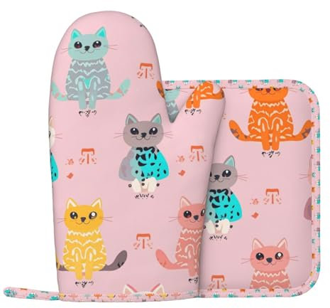 Guanti da forno con stampa di gatto animale, presine, in silicone, superficie antiscivolo per cucinare e cucinare, 2 pezzi