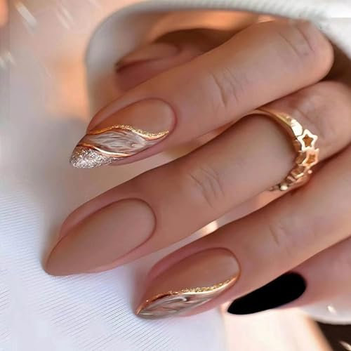 24PCS Short Almond False Nails, Glitter Gold Swirl Design, Press on Nails Almond Shape, Easy to Apply, Removable Glue-on Nails, Full Cover Fake Nails, Women Nail Art Accessories, Bridal Ready, Daily