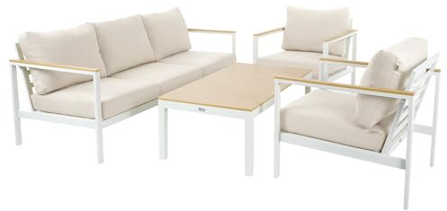 di volio Gartenmöbel Set Tivoli, Terrassenmöbel aus wasserfestem Materialien, Gartenmöbel für 5 Personen - Couchtisch & 3-Sitzer Sofa & 2 Sessel (Weiß/Creme)