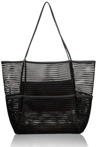 Cadimus Strandtasche Mesh Schwarz,Faltbar Strand Handtasche XXL,Beach Tote Bag Damen,Netz Strandtasche mit Mehreren Taschen und Innentaschen mit Reißverschluss,für Strand Camping Shopping Reisen