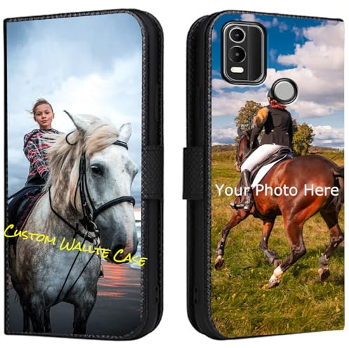 FortiCase Personalisierte Hülle für Nokia G11 Plus,Flip Leder Hülle Kartenfach Standfunktion Case,mit Eigenem Foto Bild Text Personalisiert Handyhülle - Black-LN4