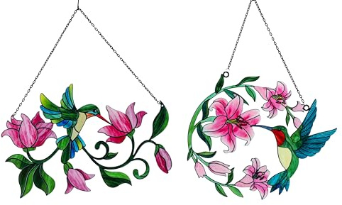 2er Set Hängedeko Kolibri & Eisvogel mit Lilien | Bunte Fantasie-Deko aus Metall | 27 cm | Formano (1, Kolibri & Eisvogel)