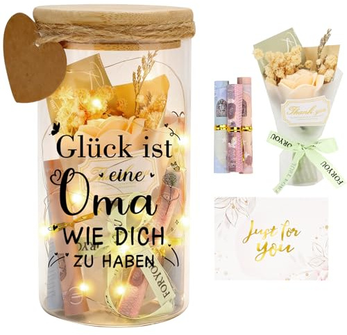 Geschenk für Oma Muttertag, Personalisiertes Geburtstagsgeschenk, LED Flaschenlicht mit Trockenblumen LED-Leuchten und Karten, Glück ist eine Oma, WIE Dich ZU HABEN