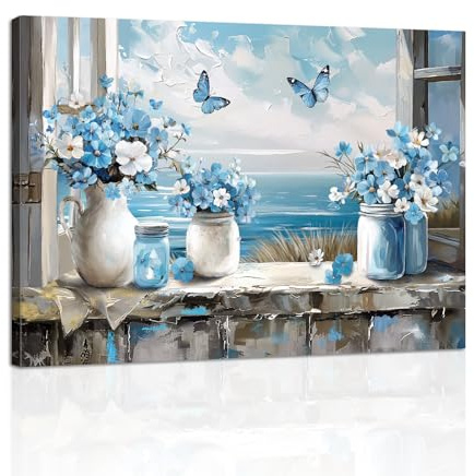 Blue Ocean Window View Canvas Wall Art Prints, Blue Flowers in The Vase Wall Pictures Butterfly Floral Relaxing Seascape Poster Painting on Canvas Home Decor for Bedroom Living Room Office 40×60cm