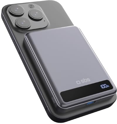 SBS Qi2 Solid State Power Mag 5K, PowerBank 5000mAh, Ricarica Wireless Qi2 15W, PowerBank Magnetico MagSafe, USB-C Power Delivery 20W, Caricabatterie Portatile da Viaggio, Ultra Slim, Titanio