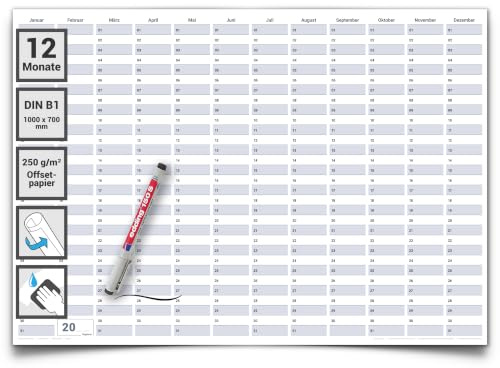 Dauerkalender Urlaubsplaner Projektplaner Geburtstagskalender B1 70,0 x 100 cm mit Marker – dauerhafter, wiederverwendbarer Jahresplaner groß & abwischbar – in deutscher Sprache – von Gigatime